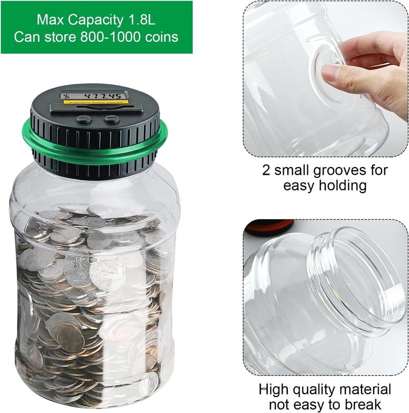QPEY Coin Counter Piggy Bank, Coin Jar for Adults, Digital Counting Money Jar, 1.8L Capacity Coin Counter Machine with LCD Counter, Change Jars for Saving (Green) - Image 3